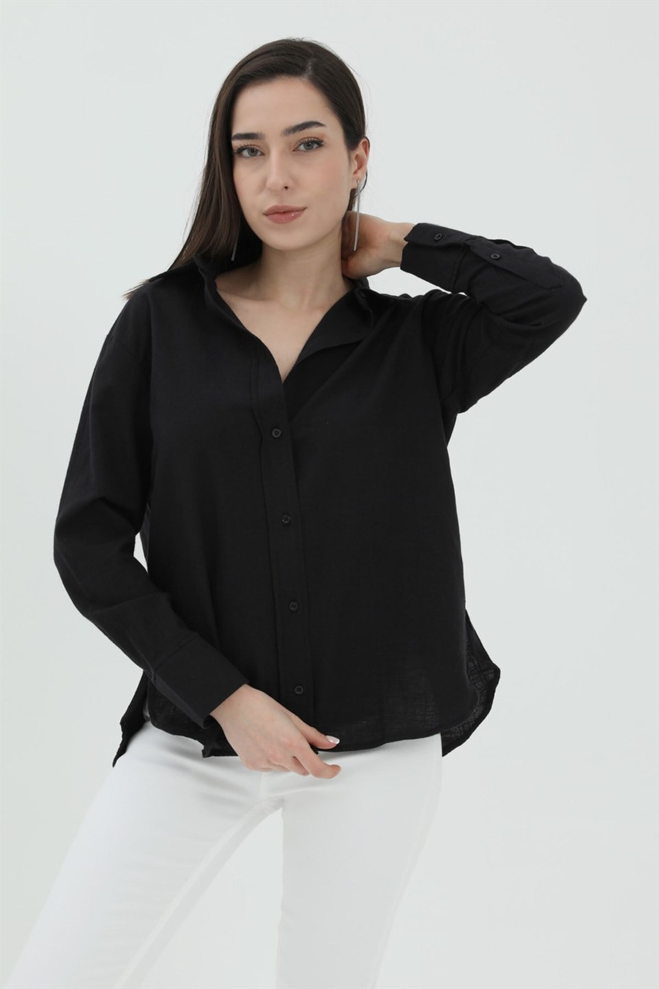 Uzun Kol Oversize Basic Gömlek - Siyah
