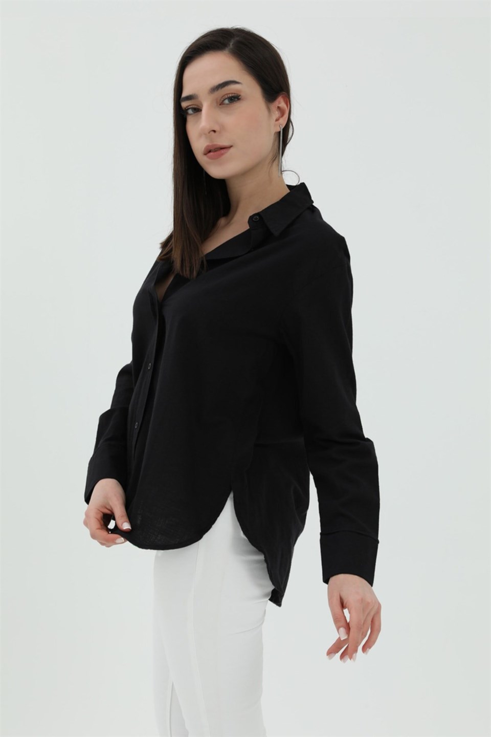 Uzun Kol Oversize Basic Gömlek - Siyah