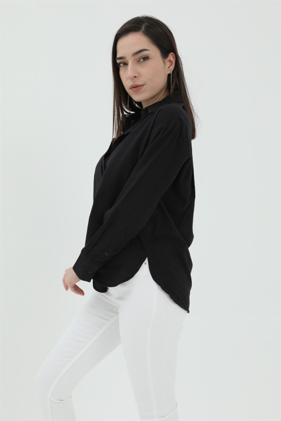 Uzun Kol Oversize Basic Gömlek - Siyah