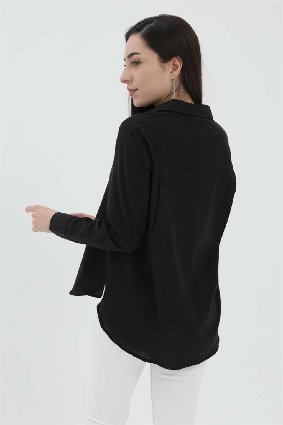 Uzun Kol Oversize Basic Gömlek - Siyah