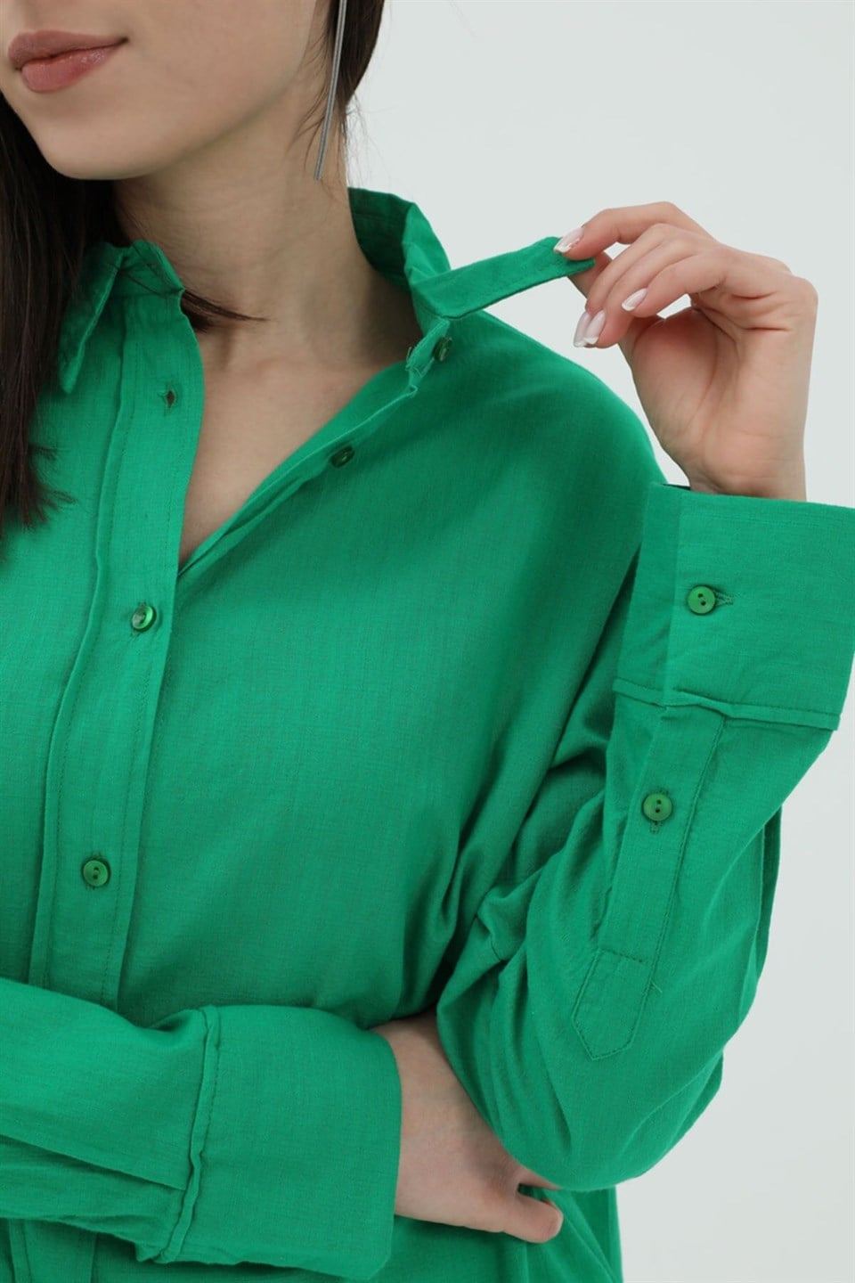 Uzun Kol Oversize Basic Gömlek - Yeşil