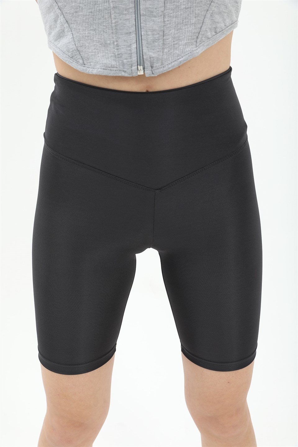 V Kemer Parlak Şort Tayt - Antrasit