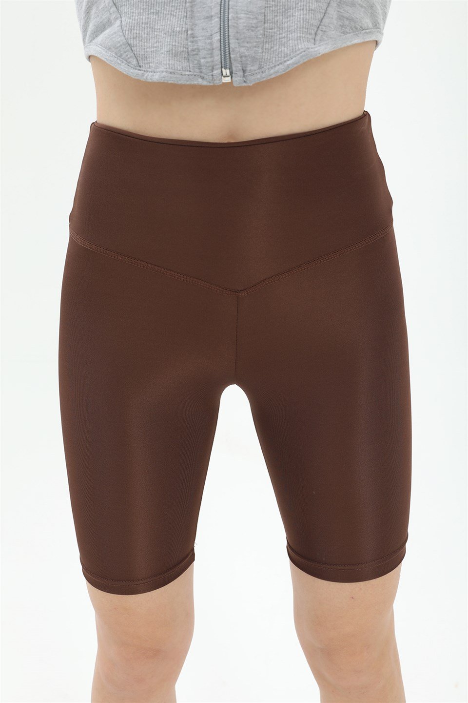 V Kemer Parlak Şort Tayt - Kahverengi