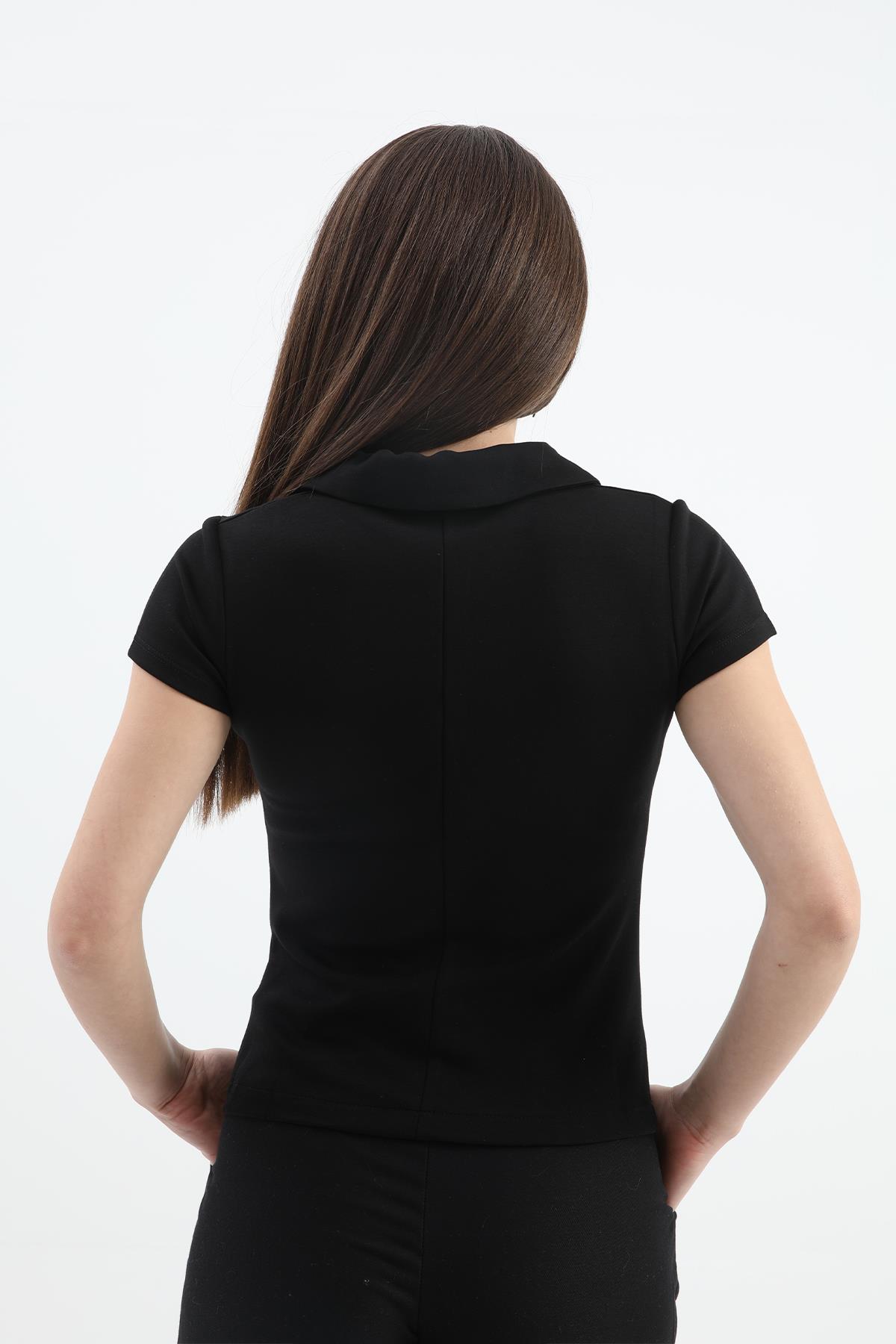 Yakalı Kısa Kol Yarım Fermuarlı Tshirt - Siyah