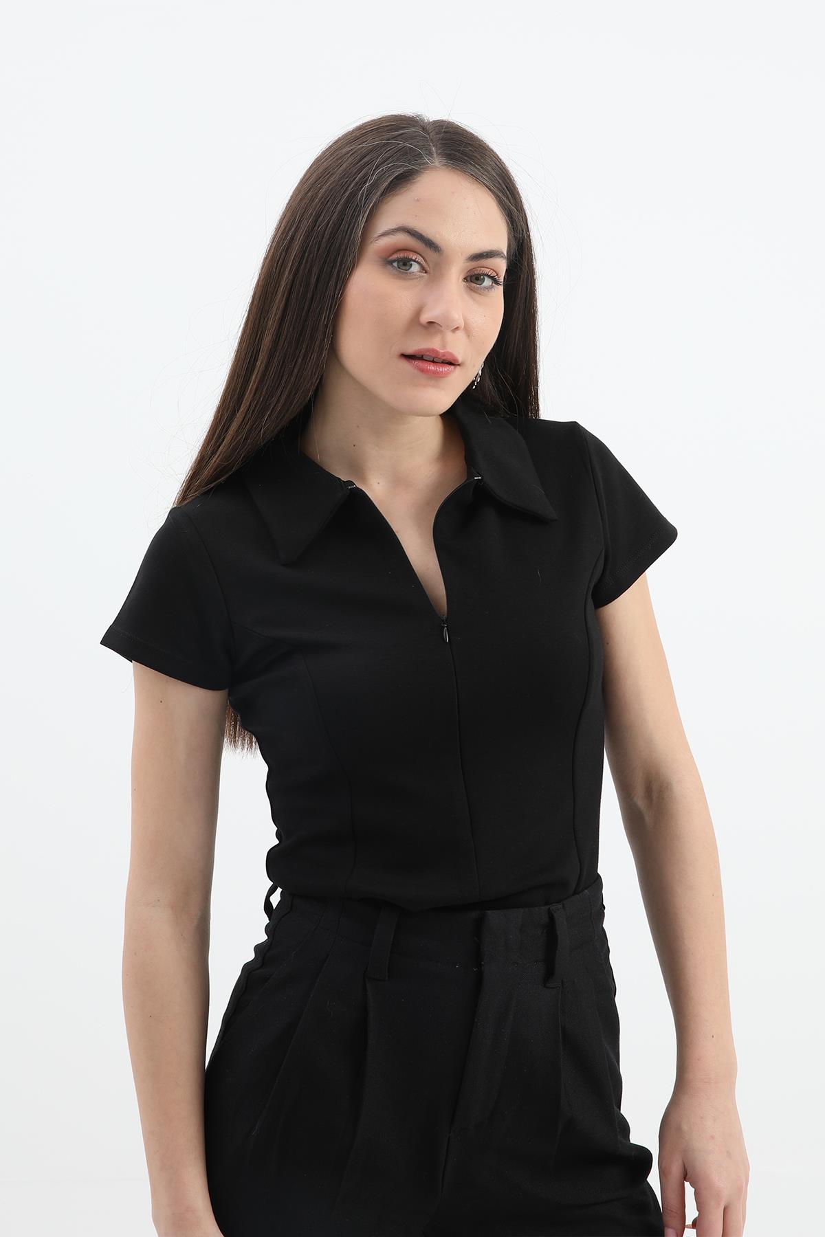 Yakalı Kısa Kol Yarım Fermuarlı Tshirt - Siyah