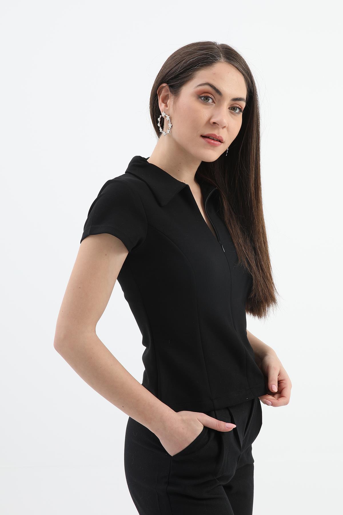 Yakalı Kısa Kol Yarım Fermuarlı Tshirt - Siyah