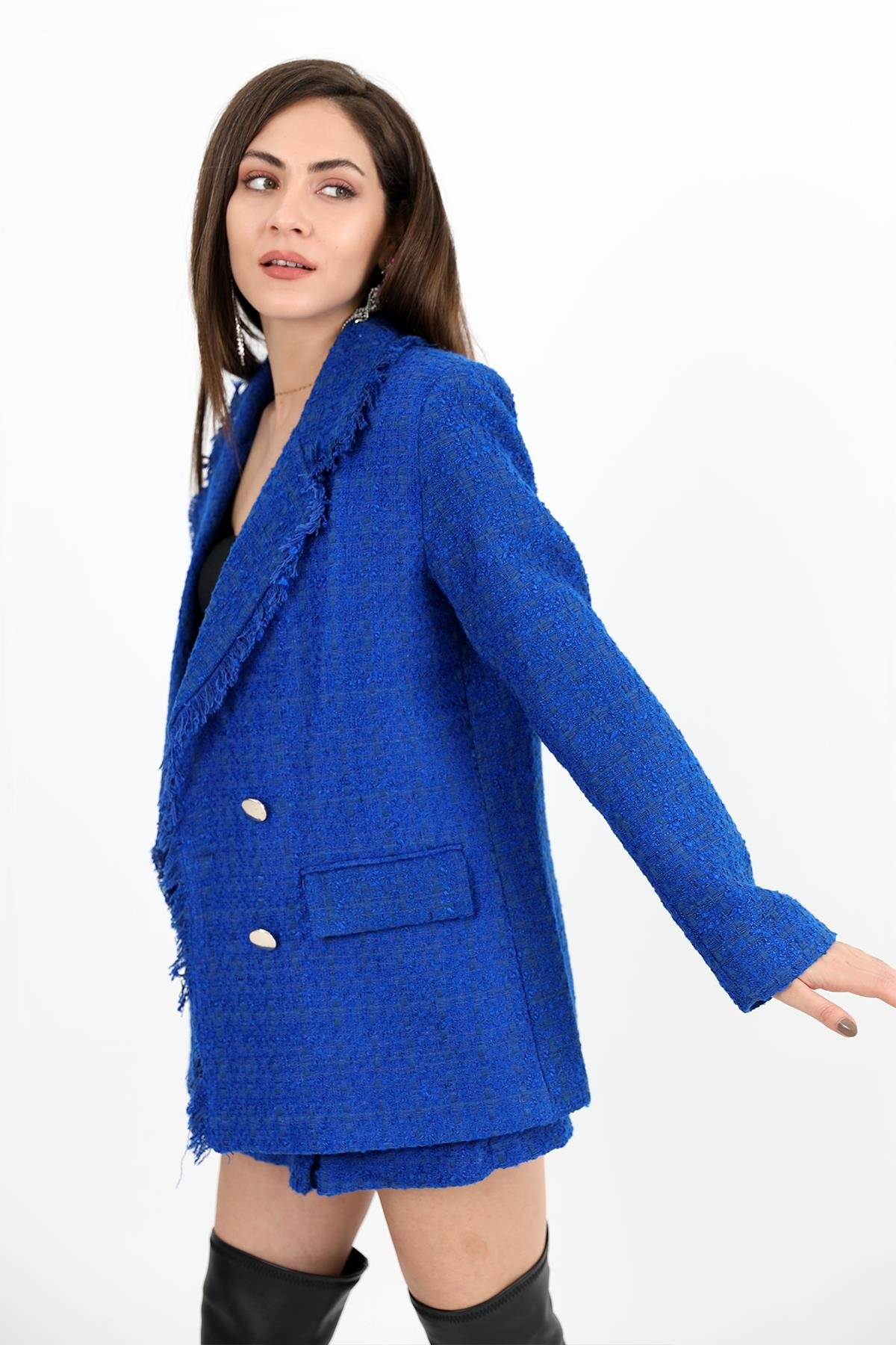 Yakası Püsküllü Düğmeli Tüvit Blazer Ceket - SaksMavisi