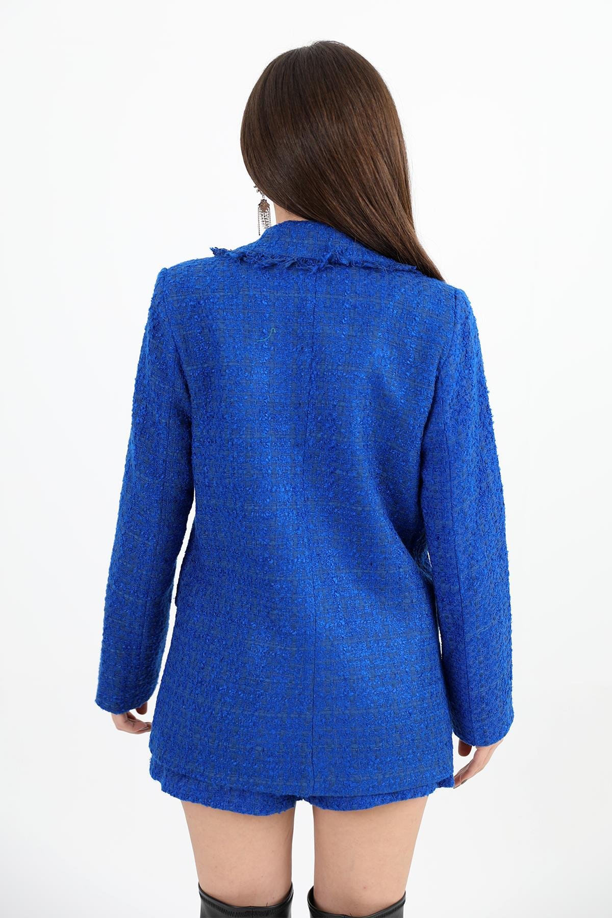 Yakası Püsküllü Düğmeli Tüvit Blazer Ceket - SaksMavisi