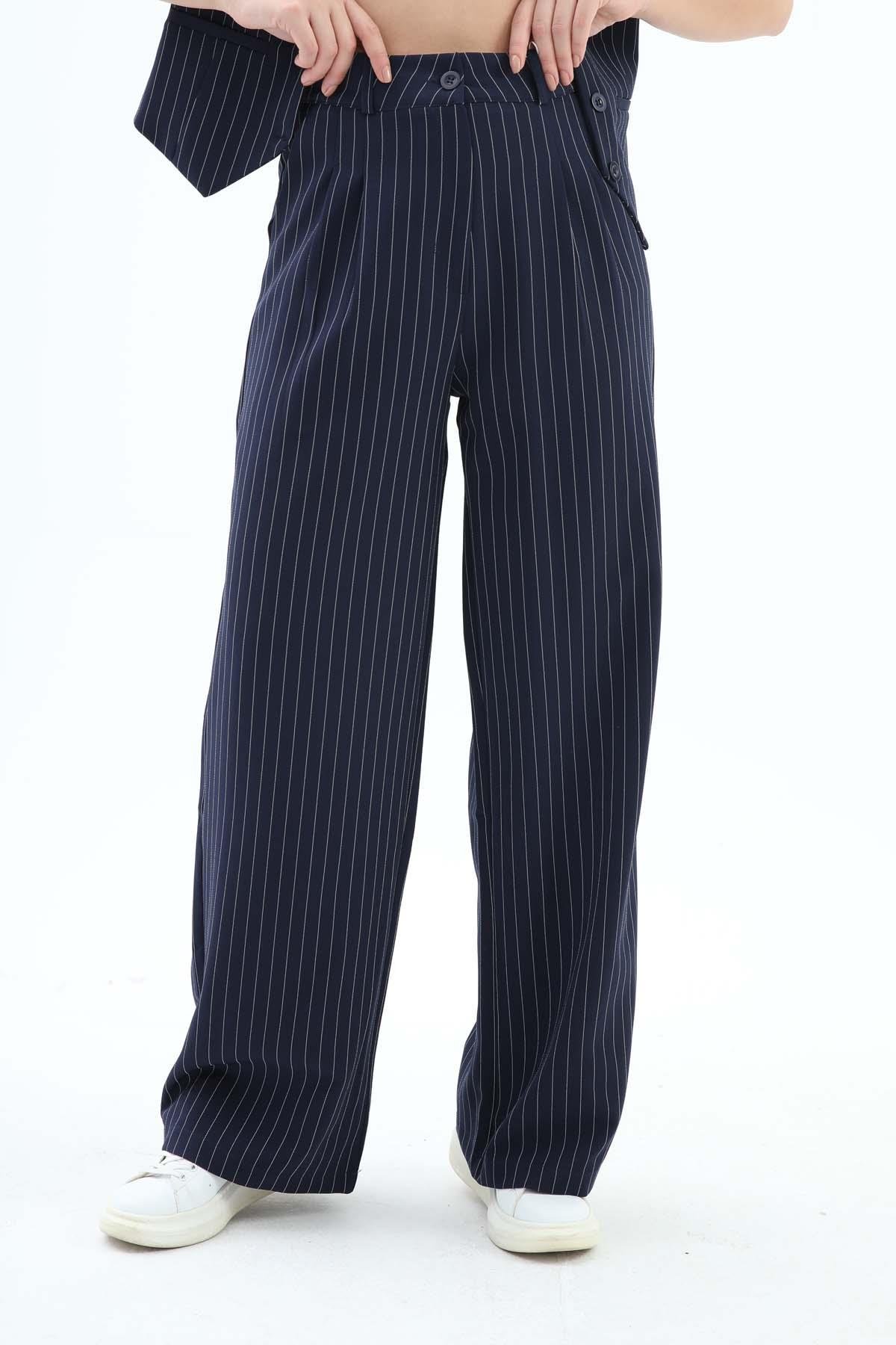 Yüksek Bel Çizgili Palazzo Pantolon - Lacivert
