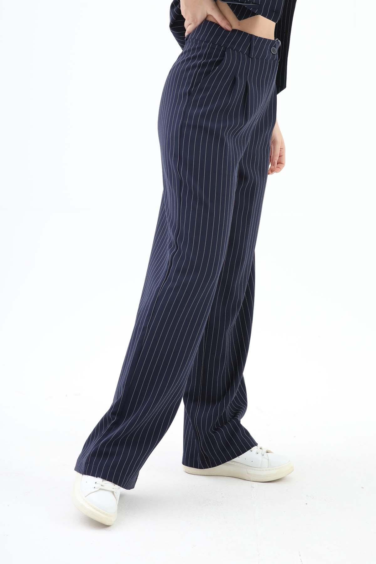 Yüksek Bel Çizgili Palazzo Pantolon - Lacivert