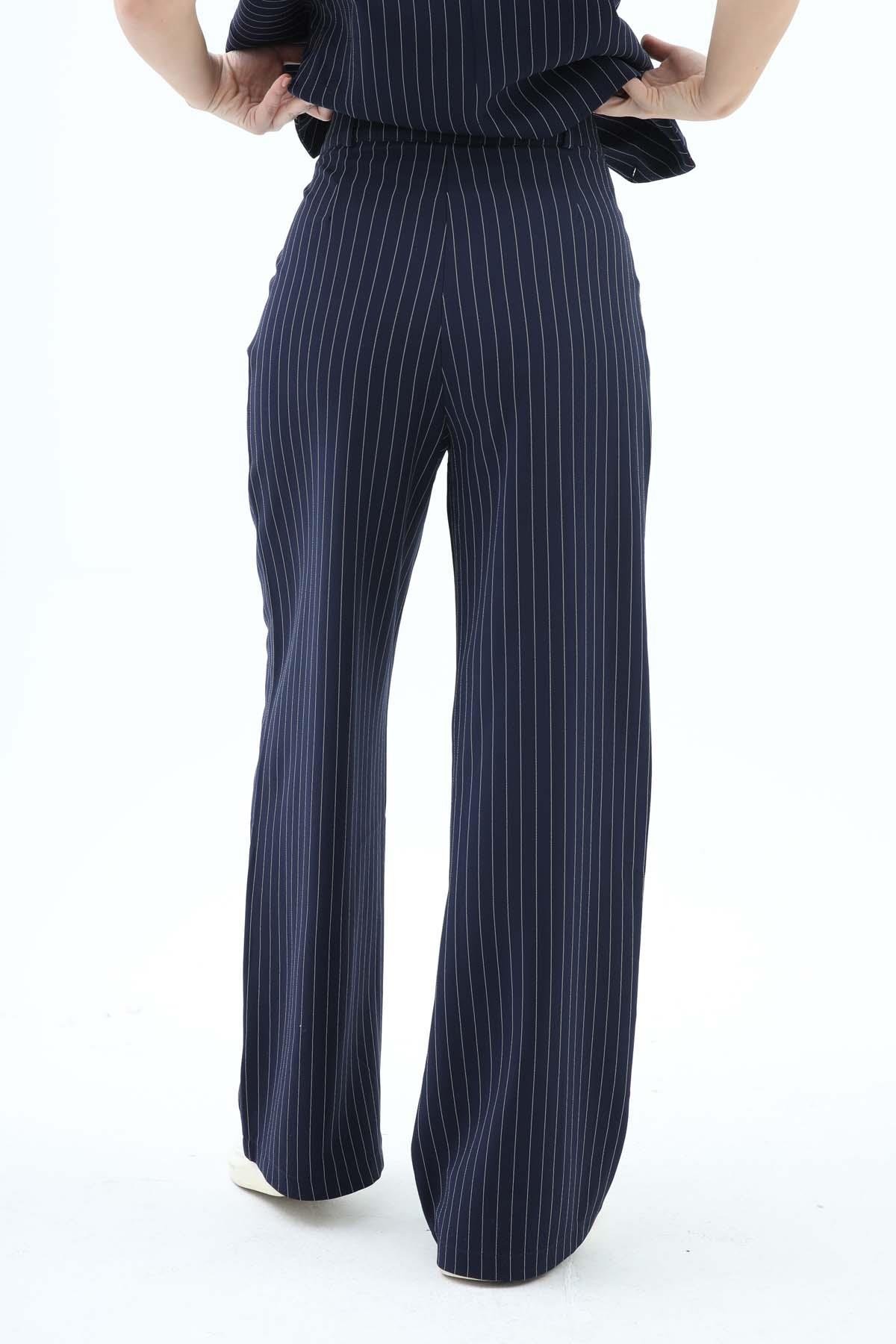 Yüksek Bel Çizgili Palazzo Pantolon - Lacivert
