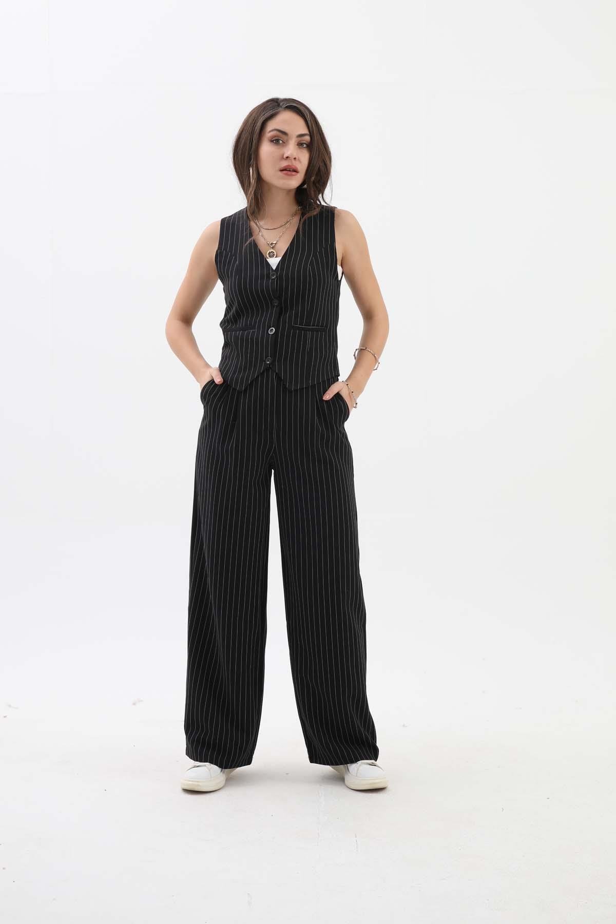 Yüksek Bel Çizgili Palazzo Pantolon - Siyah
