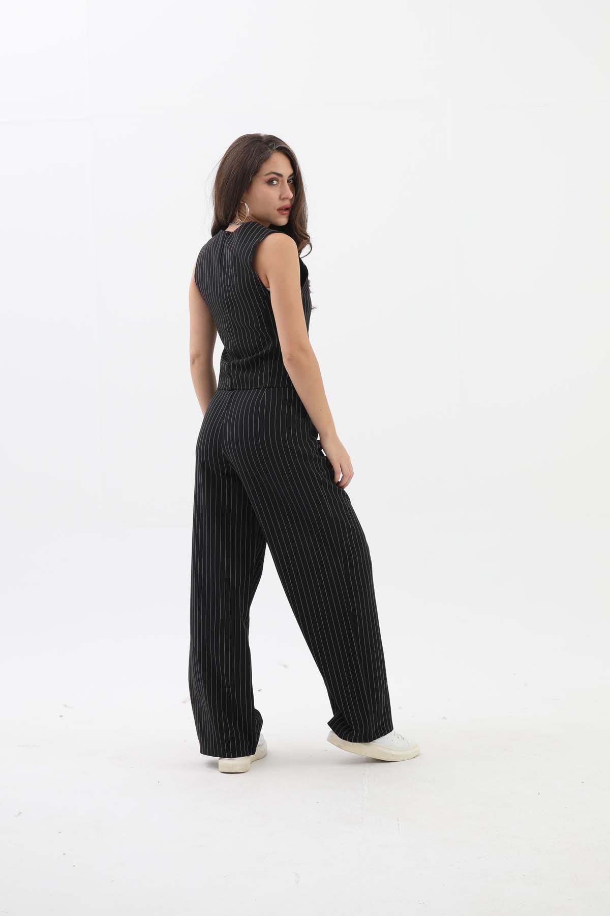 Yüksek Bel Çizgili Palazzo Pantolon - Siyah