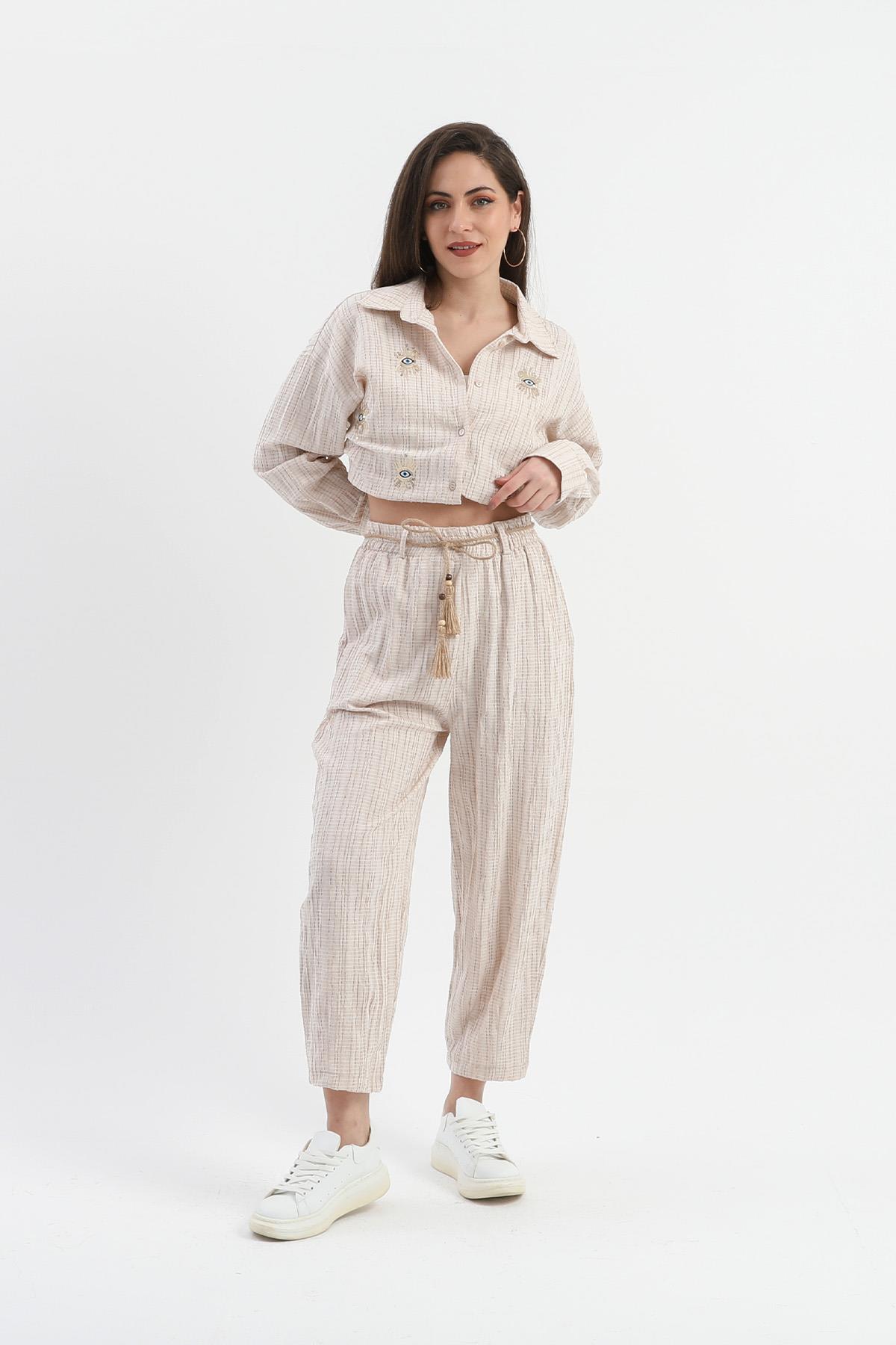 Yüksek Bel Hasır Kemerli Cepli Keten Şalvar Pantolon - Bej