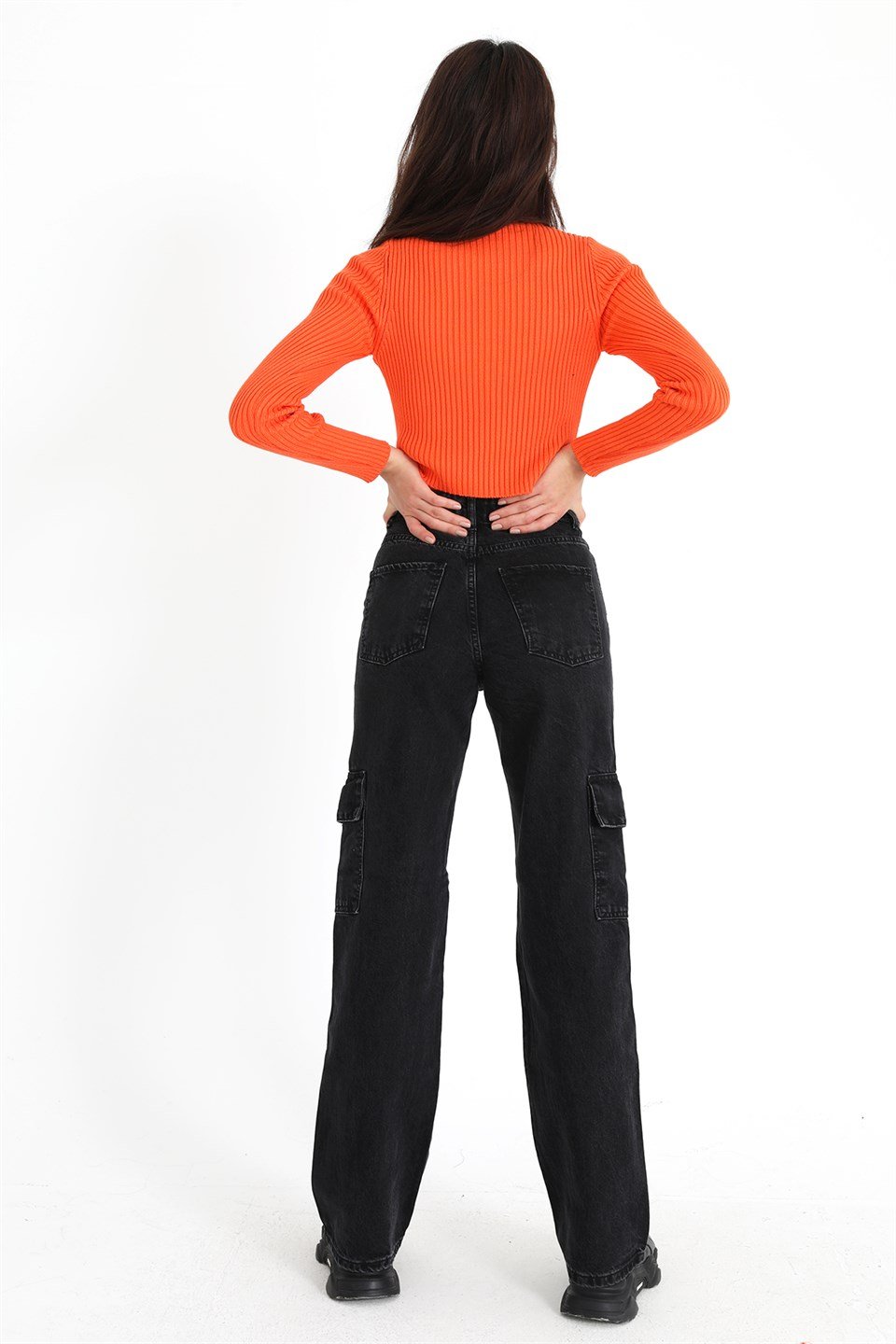 Yüksek Bel Kargo Cep Pantolon - Siyah