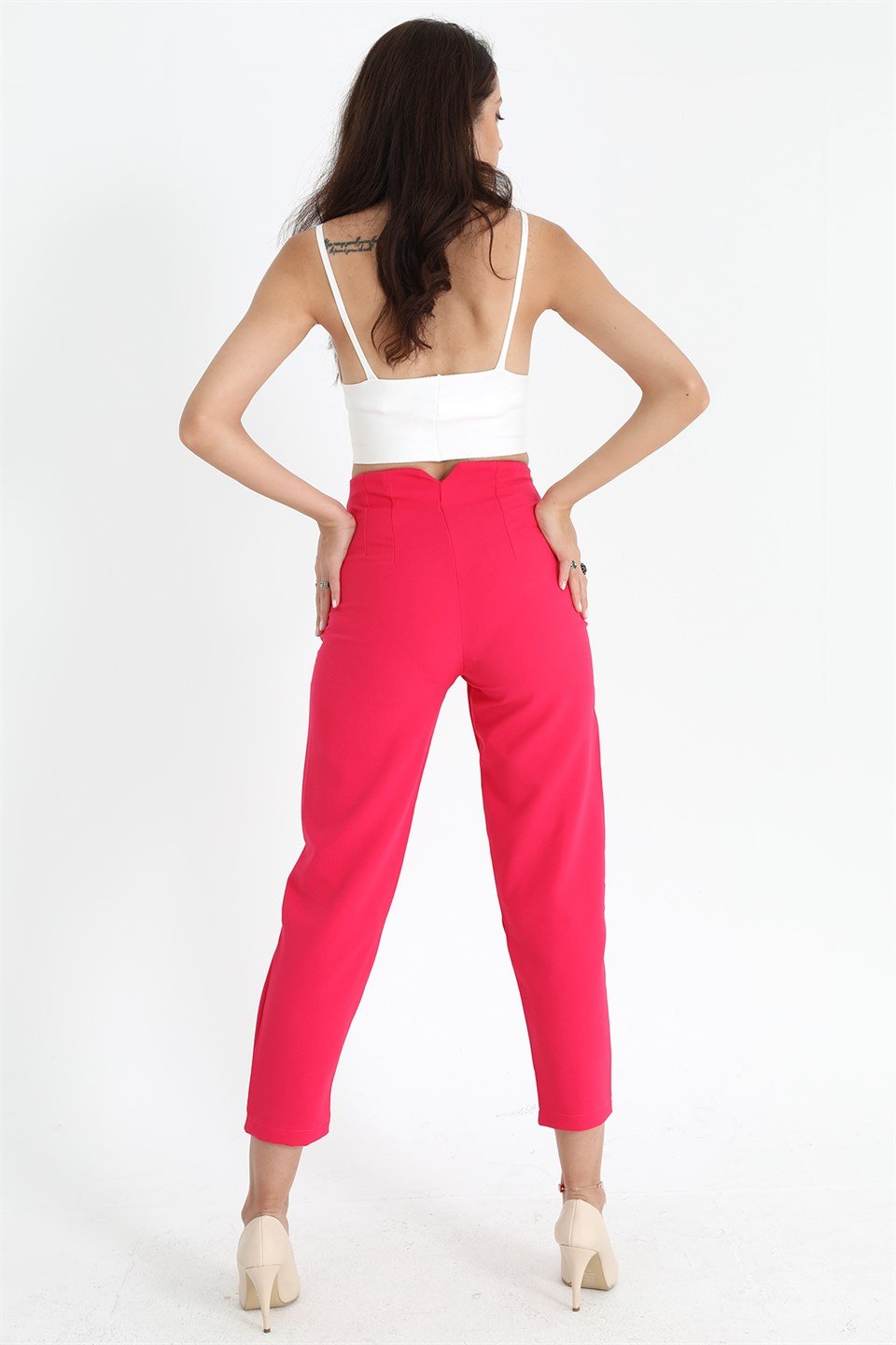 Yüksek Bel Pensli Atlas Kumaş Pantolon - Fuşya