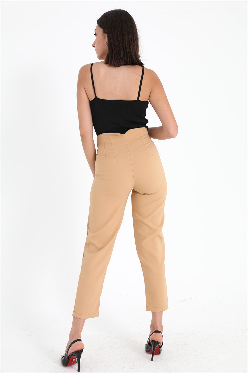 Yüksek Bel Pensli Atlas Kumaş Pantolon - Vizon