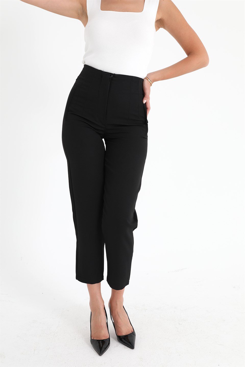 Yüksek Bel Pensli Atlas Kumaş Pantolon - Siyah