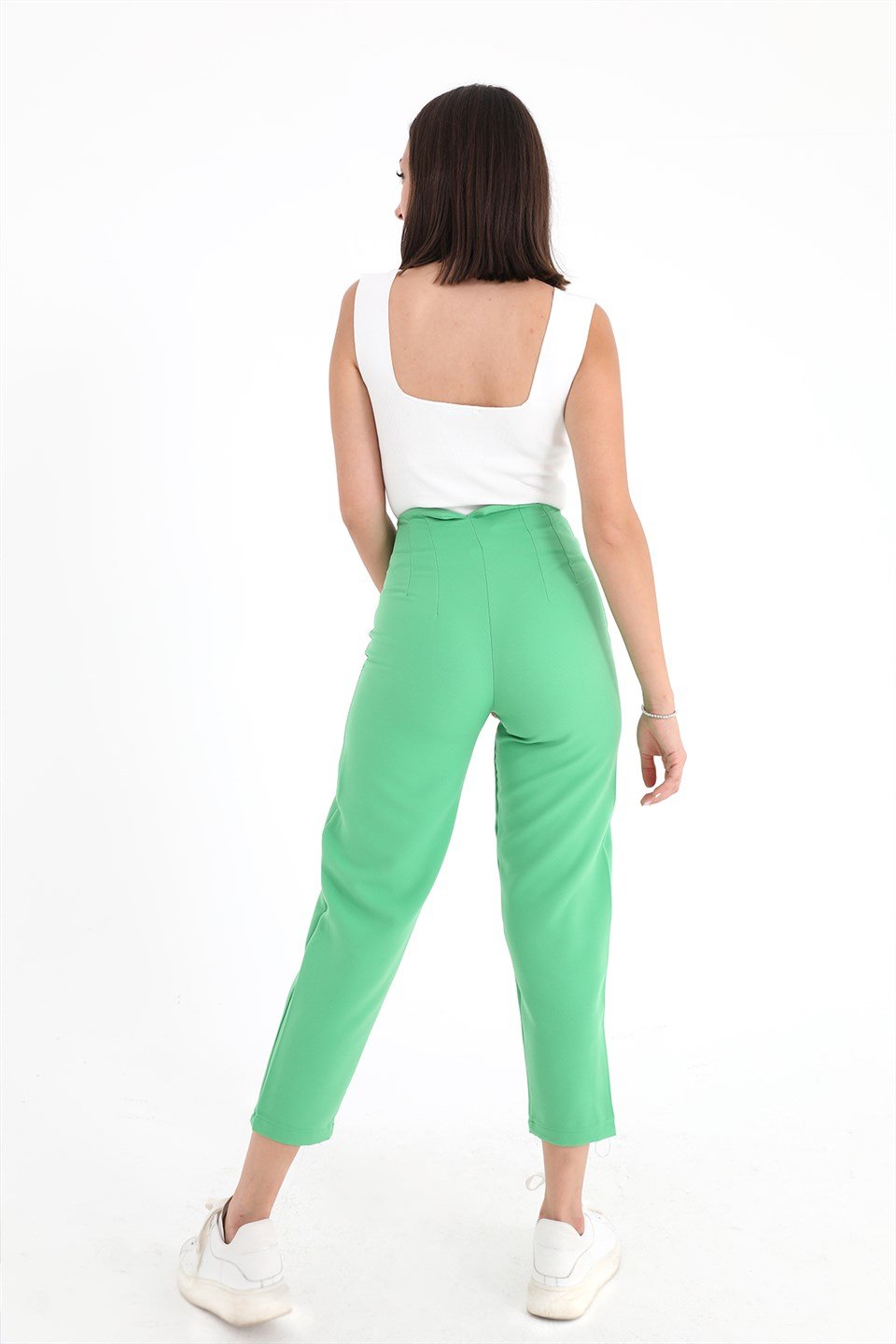 Yüksek Bel Pensli Atlas Kumaş Pantolon - Açık Yeşil