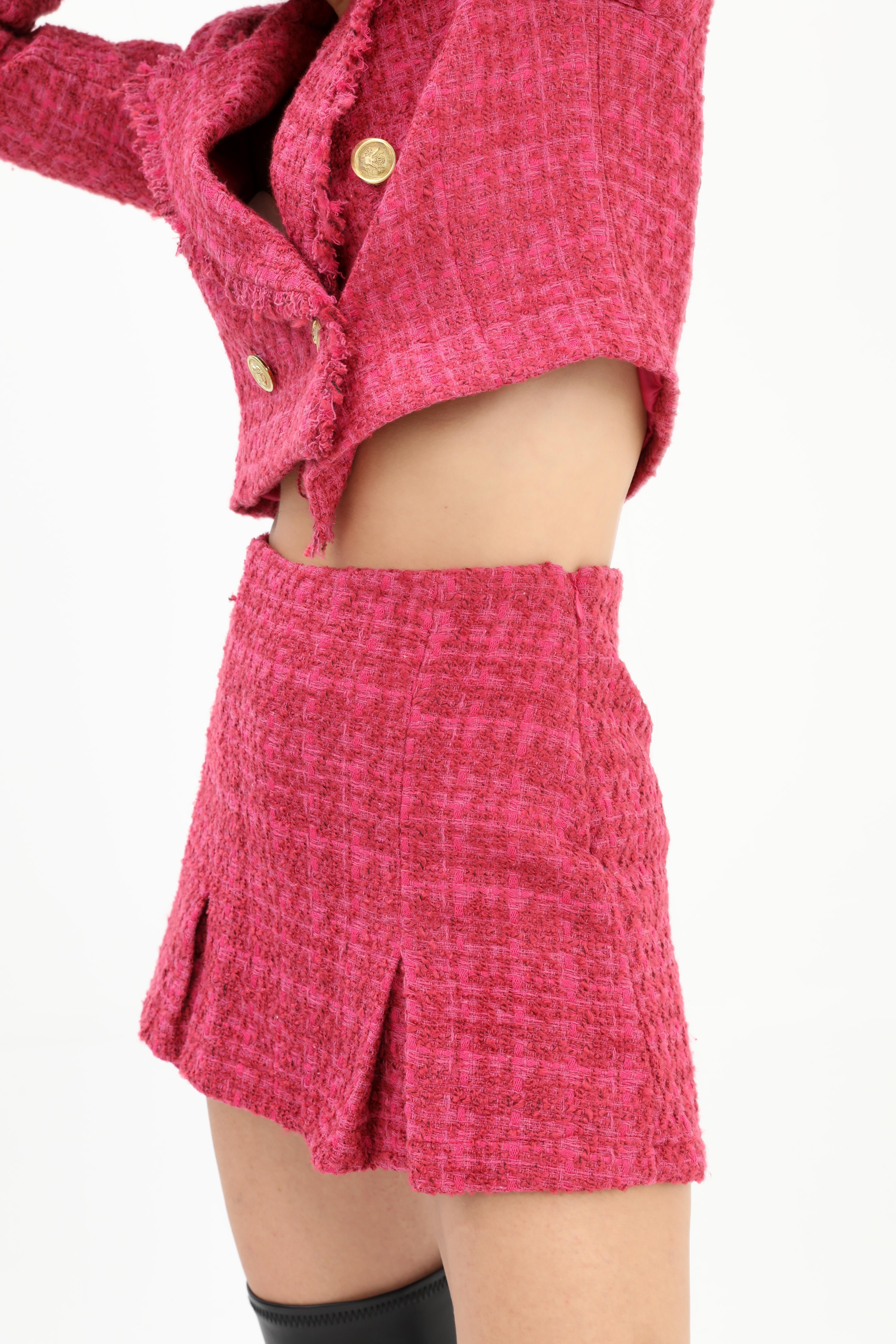 Yüksek Bel Yandan Fermuarlı Chanel Kumaş Şort Etek - Mürdüm