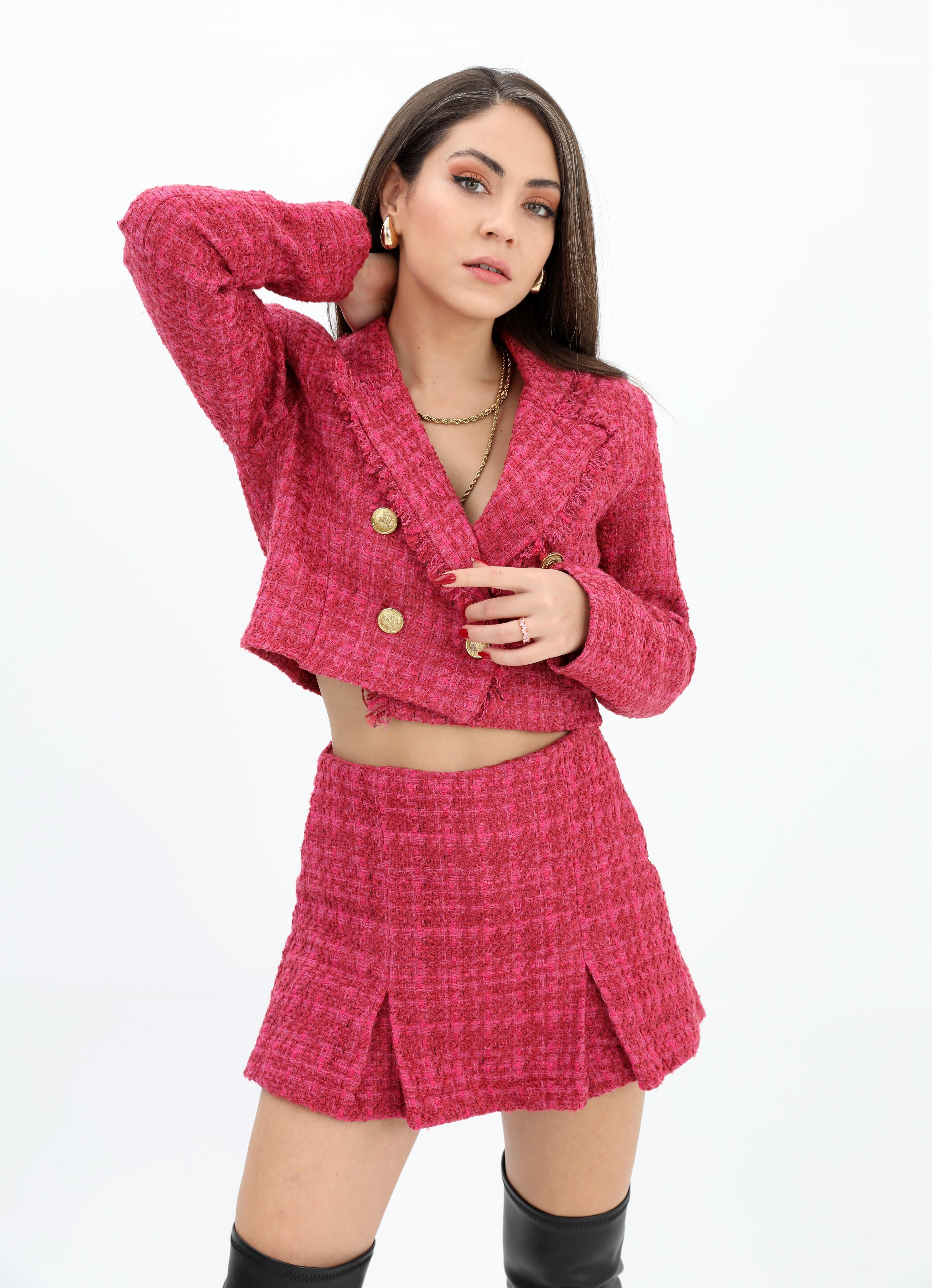 Yüksek Bel Yandan Fermuarlı Chanel Kumaş Şort Etek - Mürdüm