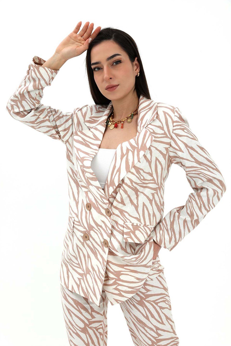 Zebra Desen Oversize Keten Ceket - Bej
