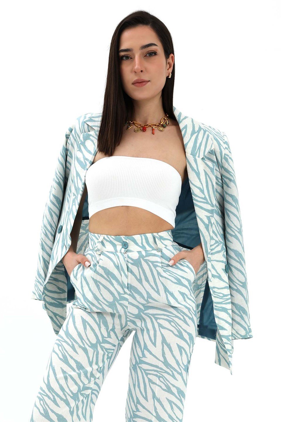 Zebra Desen Oversize Keten Ceket - Mavi