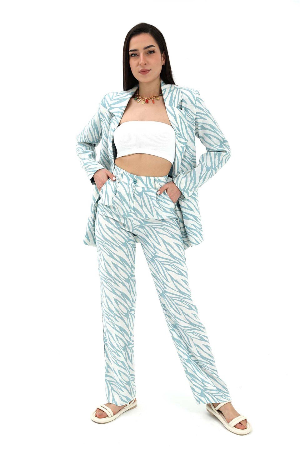 Zebra Desen Yüksek Bel Keten Pantolon - Mavi