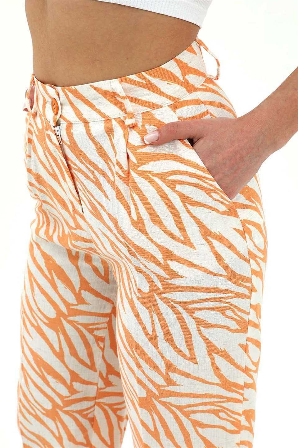 Zebra Desen Yüksek Bel Keten Pantolon - Turuncu