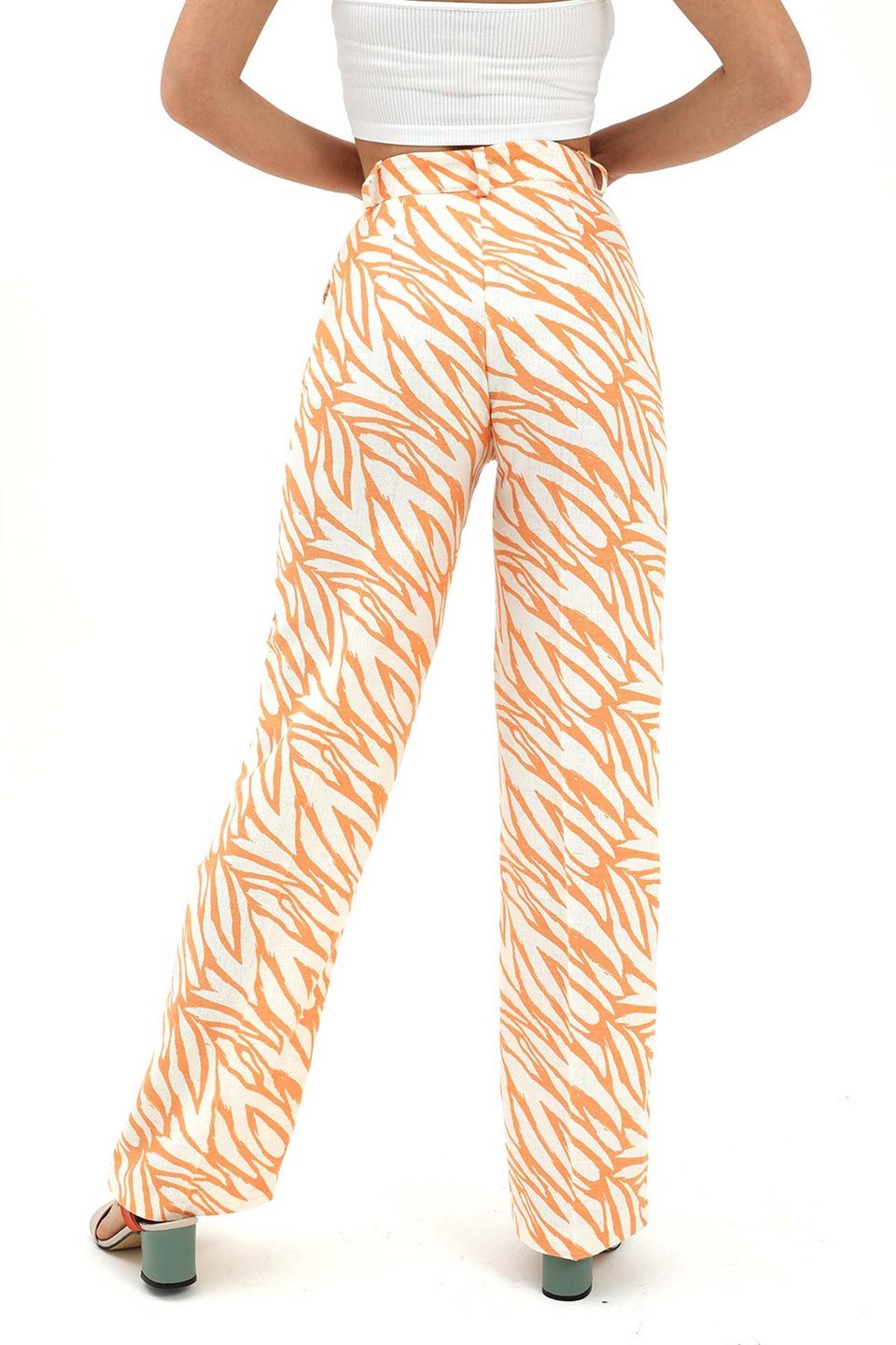 Zebra Desen Yüksek Bel Keten Pantolon - Turuncu
