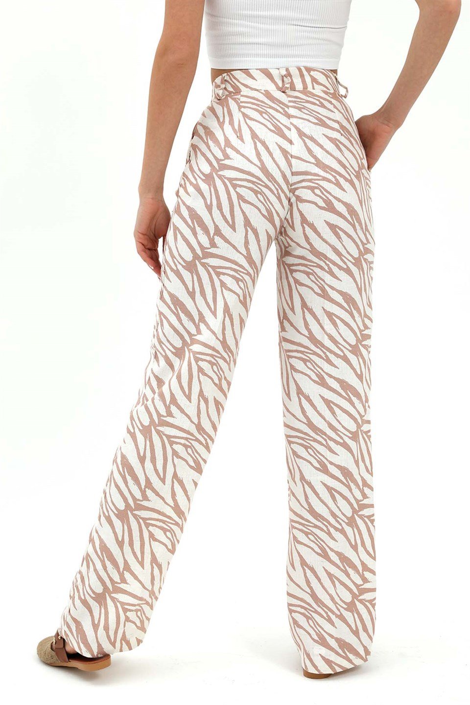 Zebra Desen Yüksek Bel Keten Pantolon - Bej