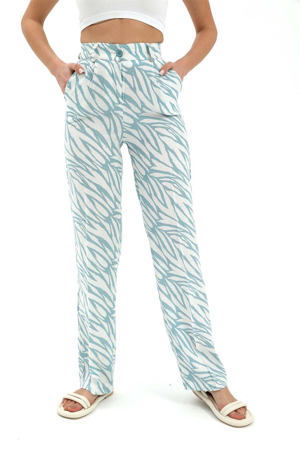 Zebra Desen Yüksek Bel Keten Pantolon - Mavi