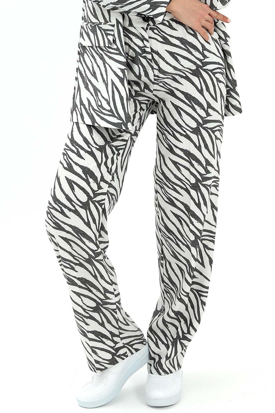 Zebra Desen Yüksek Bel Keten Pantolon - Siyah