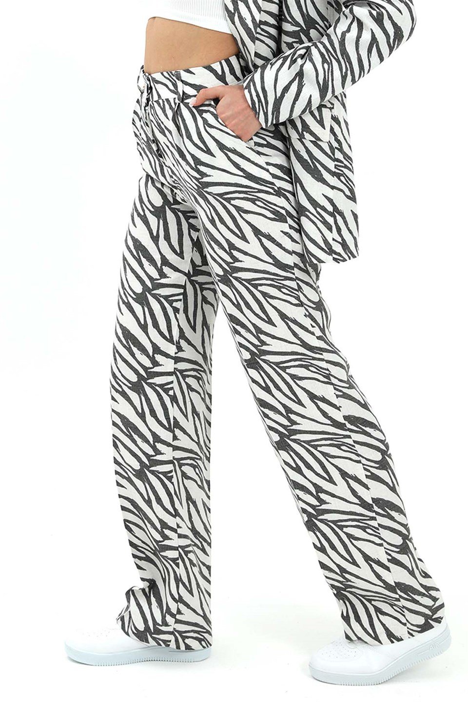 Zebra Desen Yüksek Bel Keten Pantolon - Siyah