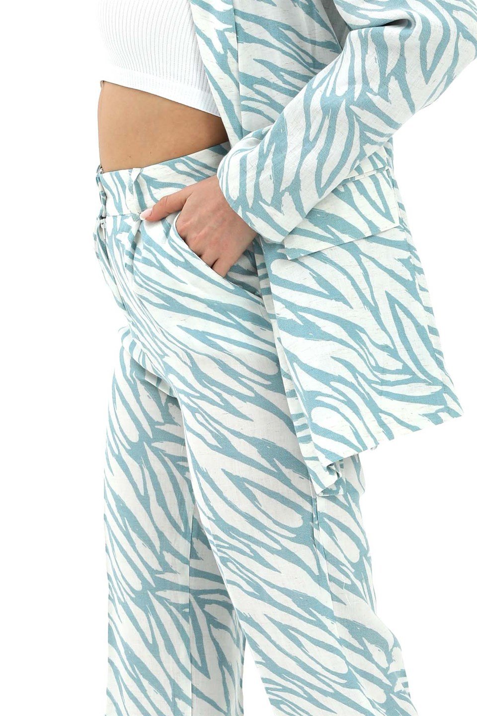 Zebra Desen Yüksek Bel Keten Pantolon - Mavi