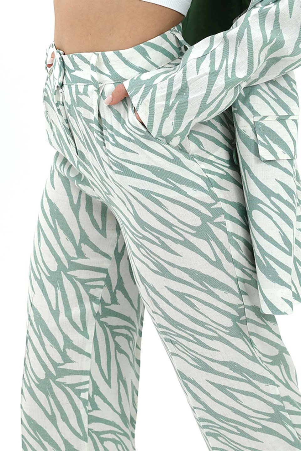 Zebra Desen Yüksek Bel Keten Pantolon - Mint Yeşili