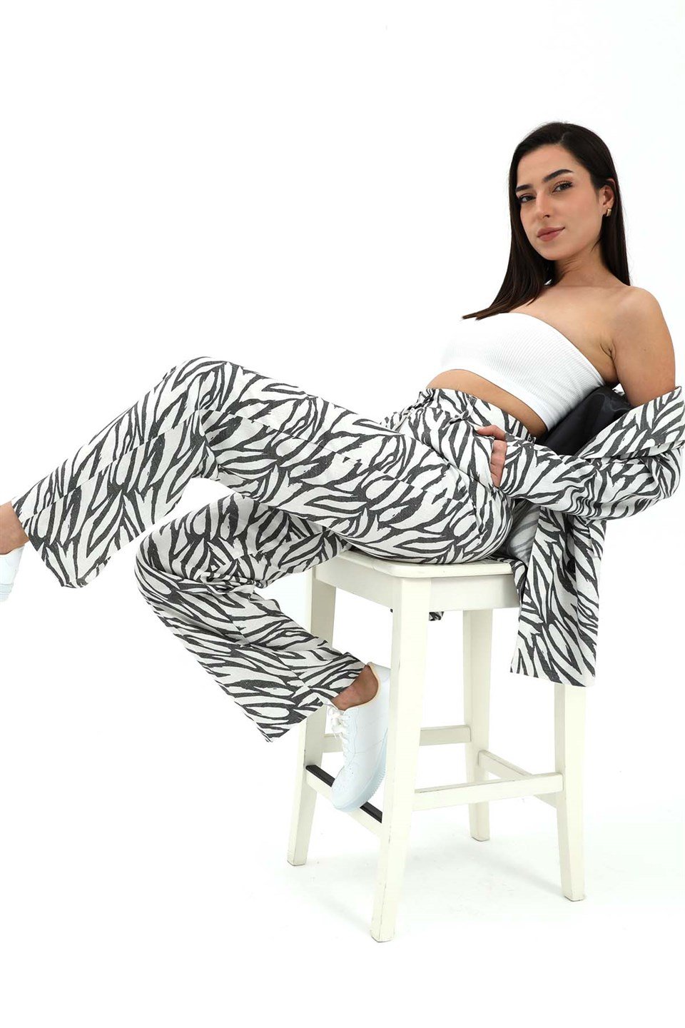 Zebra Desen Yüksek Bel Keten Pantolon - Siyah