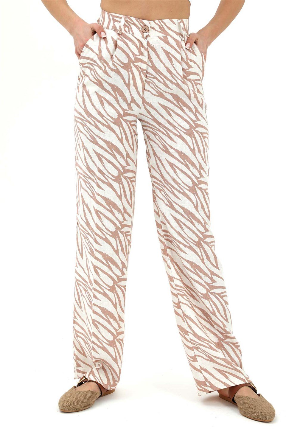 Zebra Desen Yüksek Bel Keten Pantolon - Bej