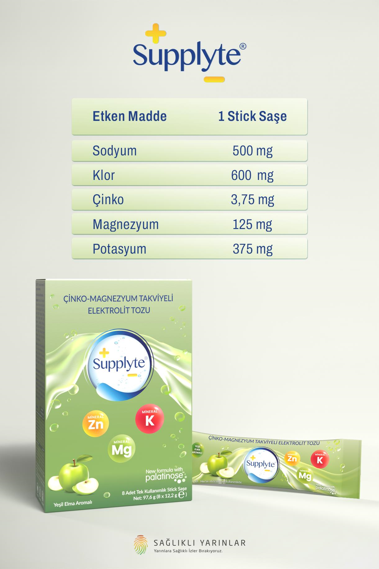 Supplyte Elma Aromalı Elektrolit Tozu 12 gr  8 adet