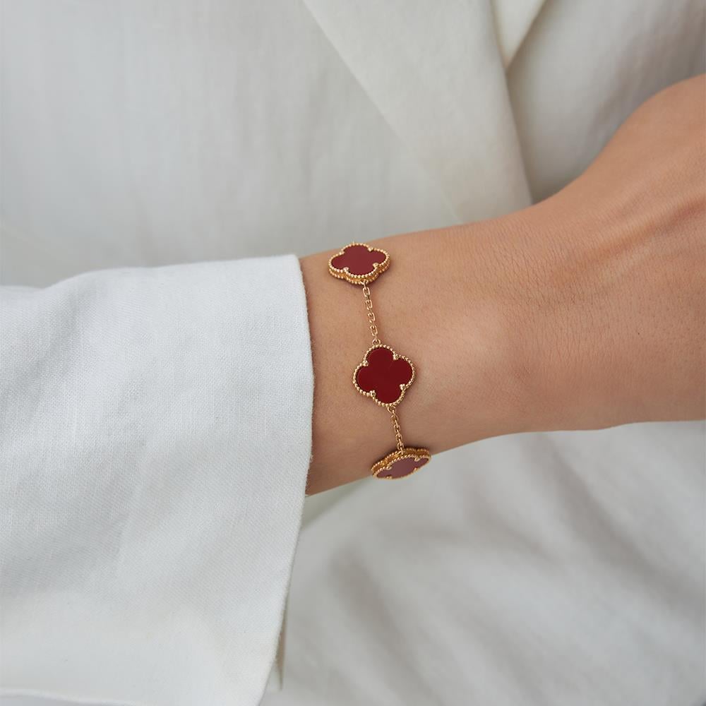18 Ayar Altın Beşli Kırmızı Taşlı Rose Altın Van Cleef Model Bileklik