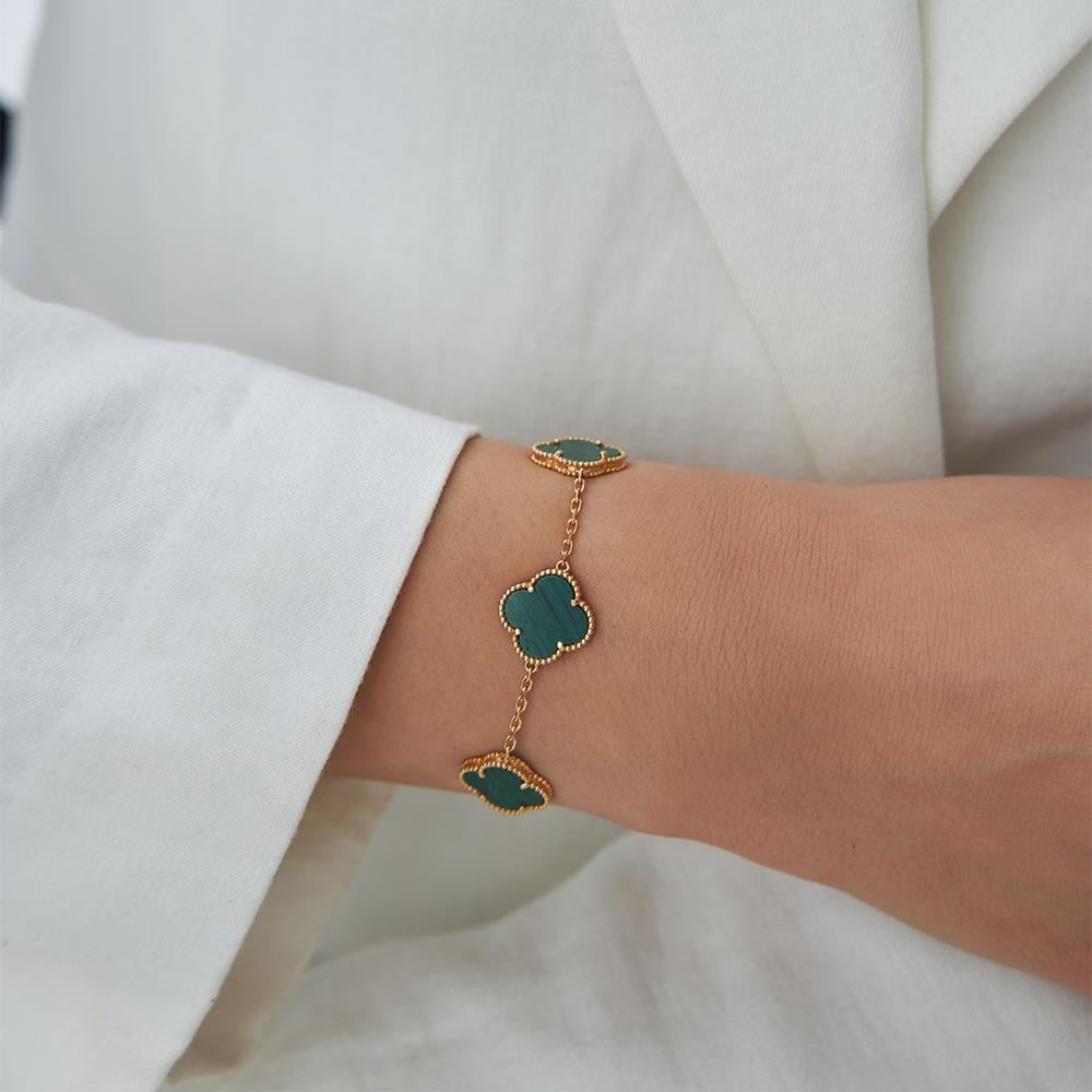 18 Ayar Altın Beşli Yeşil Malahit Taşlı Rose Altın Van Cleef Model Kolye
