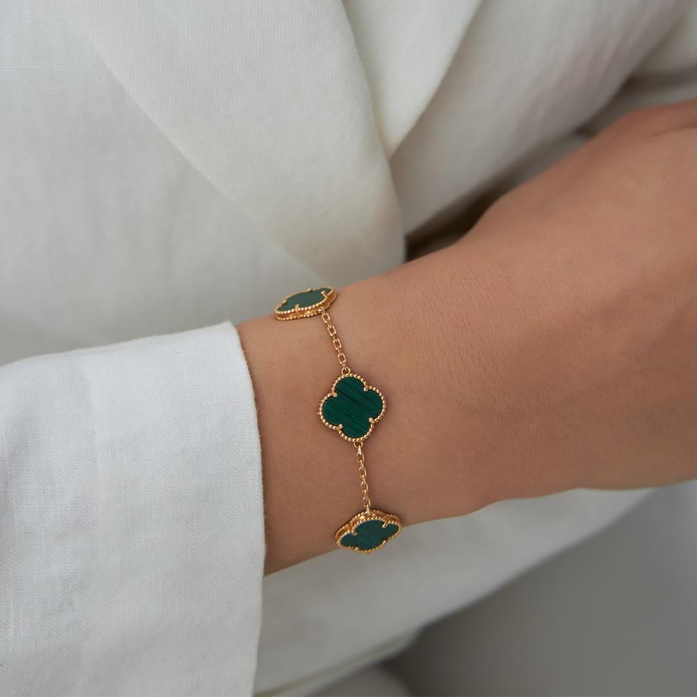 18 Ayar Altın Beşli Yeşil Malahit Taşlı Rose Altın Van Cleef Model Kolye