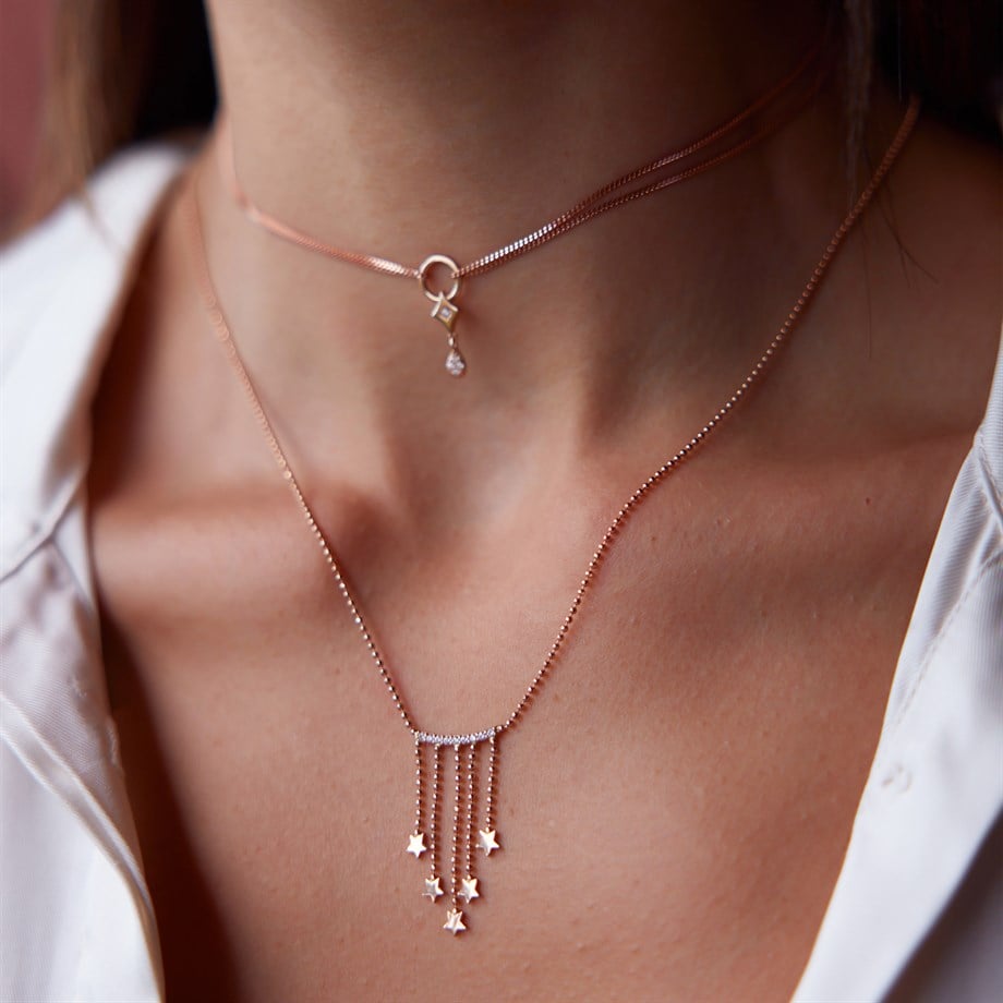 Rose Altın Çift Zincir Choker Kolye
