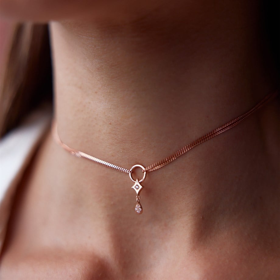 Rose Altın Çift Zincir Choker Kolye