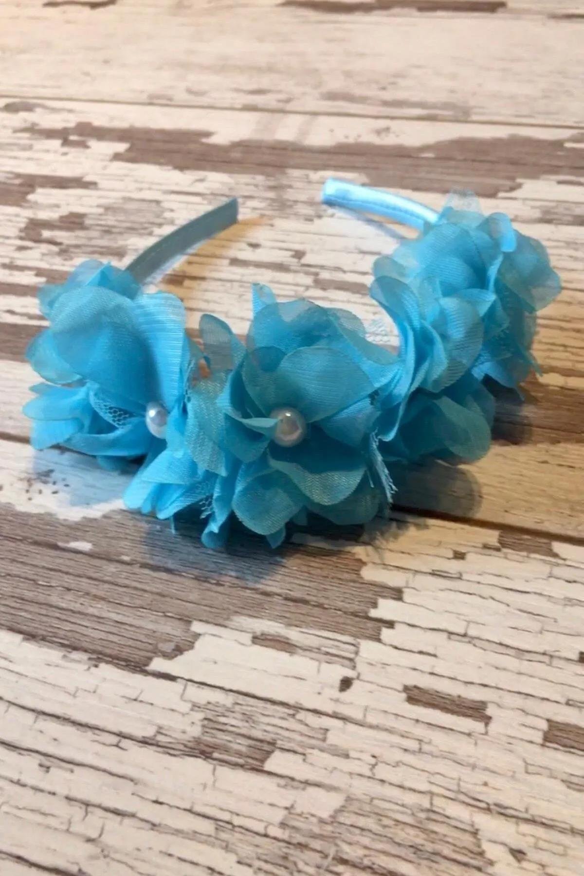 7 Çiçekli Bebe Mavi Saten Kaplama Kız Çocuk Frıda Party Ve Özel Gün Tacı