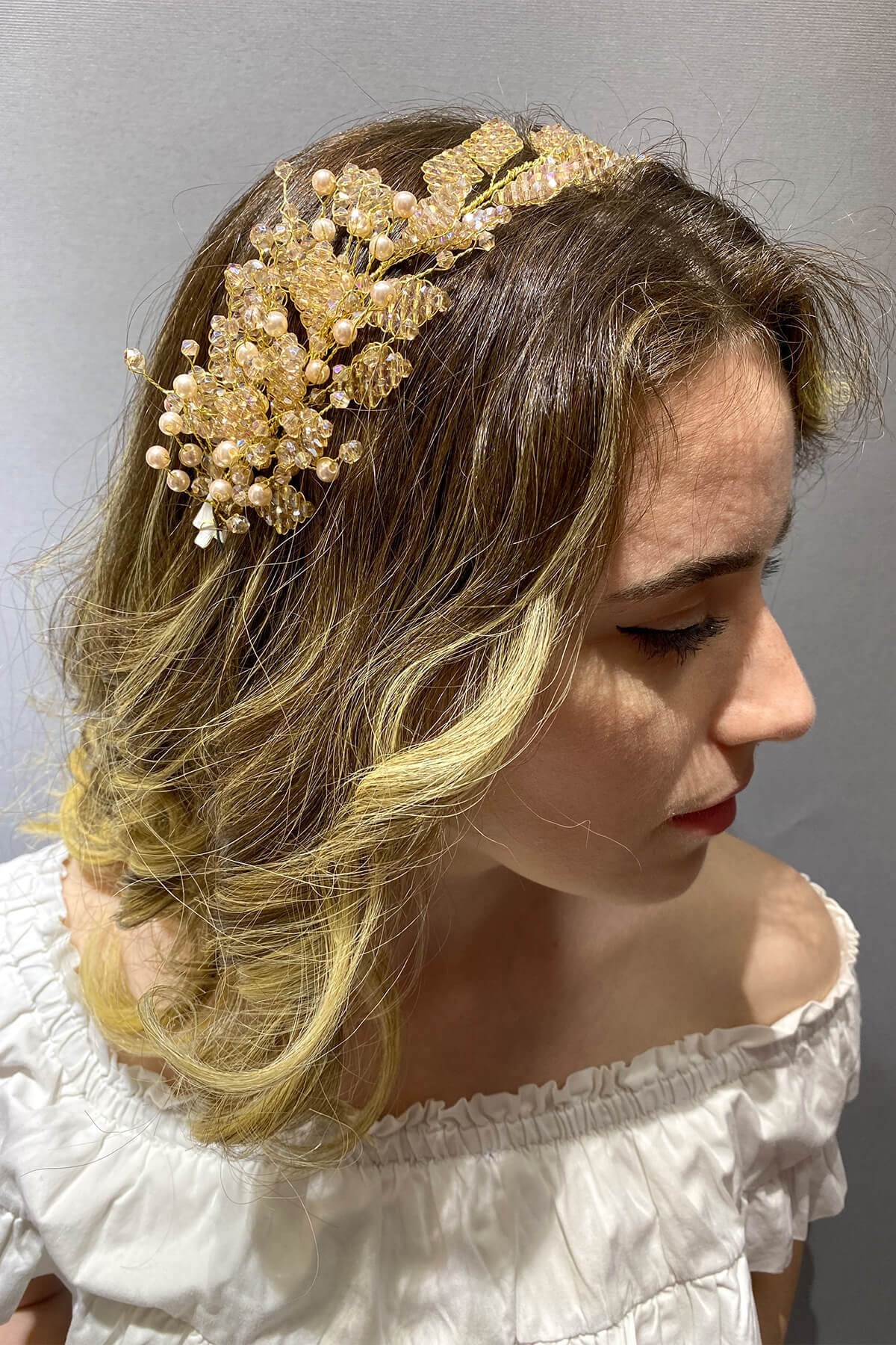 Bal Rengi Yaprak Model Boncuklu Saç ve Türban Aksesuarı