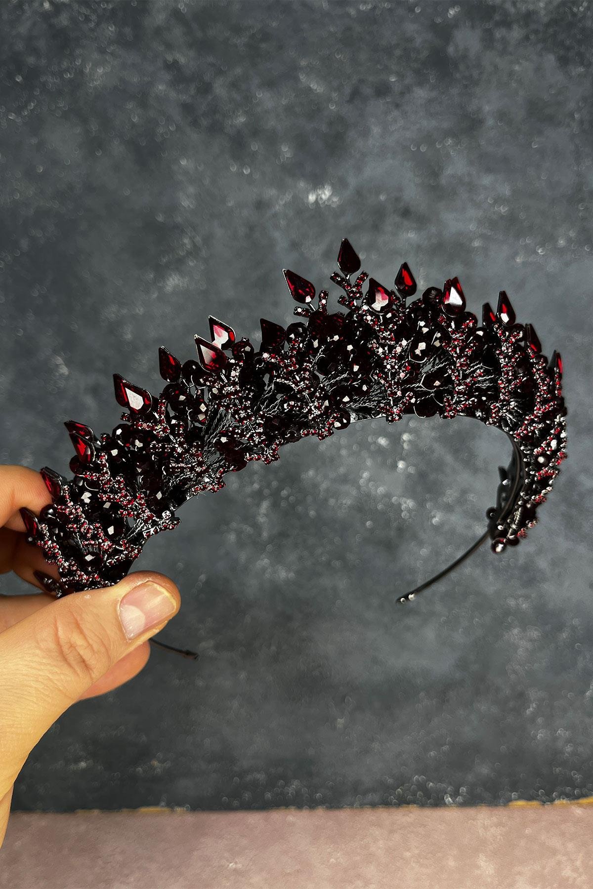 Bordo Ala Boncuklu Tasarım Gelin Kına Tacı