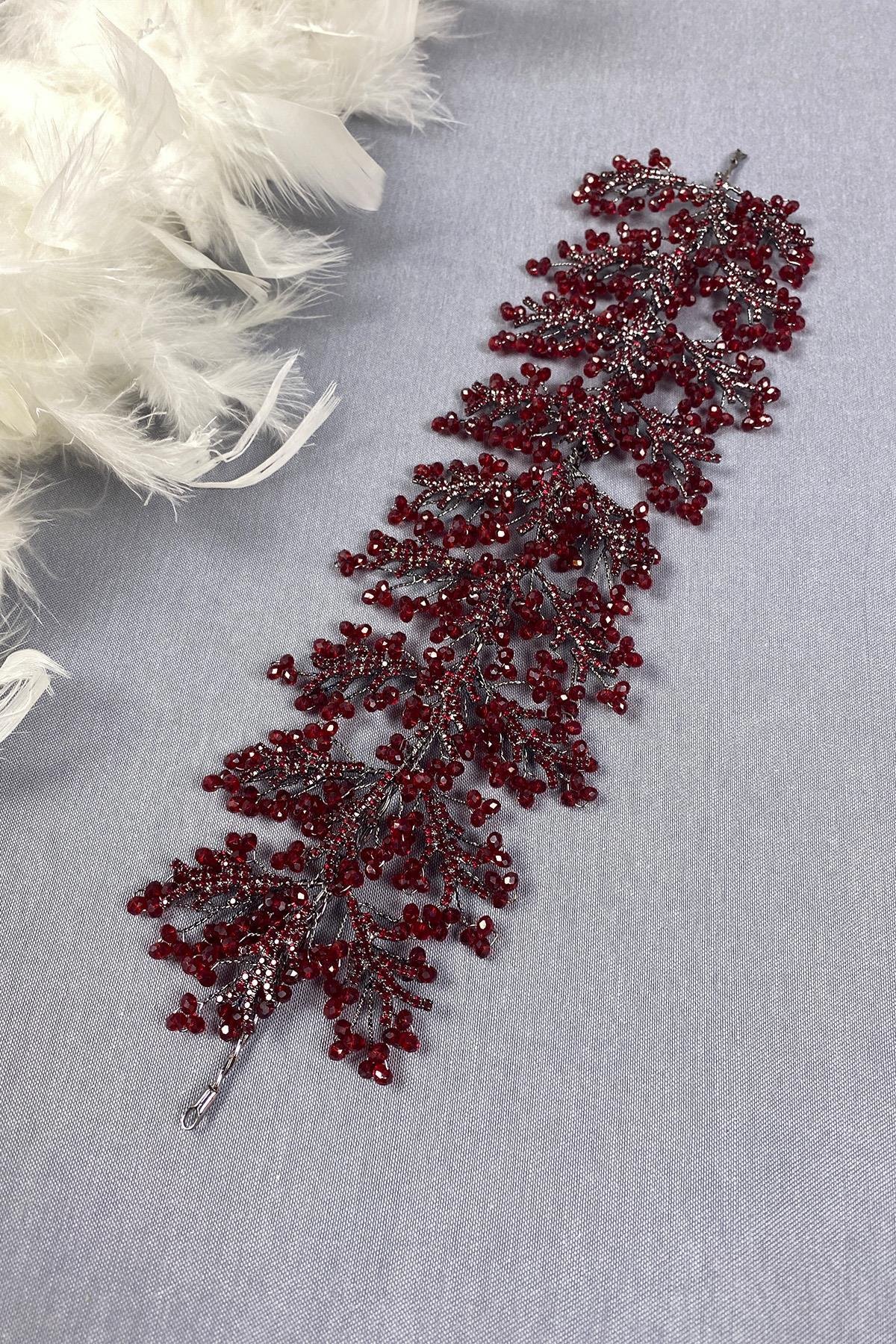 Bordo Arden Kristal Boncuklu Saç Bandı ve Gelin Kına Tacı