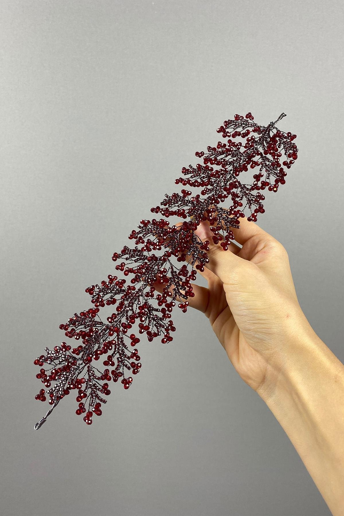 Bordo Arden Kristal Boncuklu Saç Bandı ve Gelin Kına Tacı
