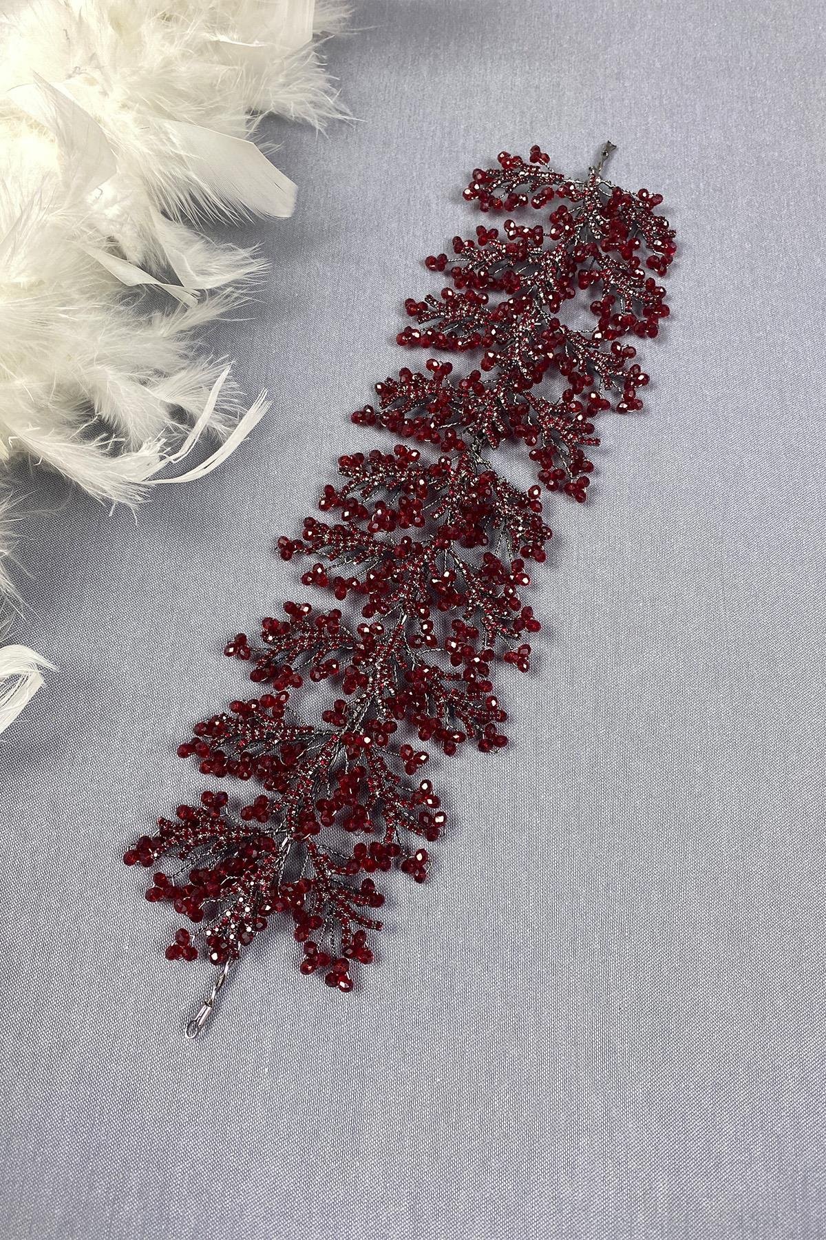 Bordo Arden Kristal Boncuklu Saç Bandı ve Gelin Kına Tacı